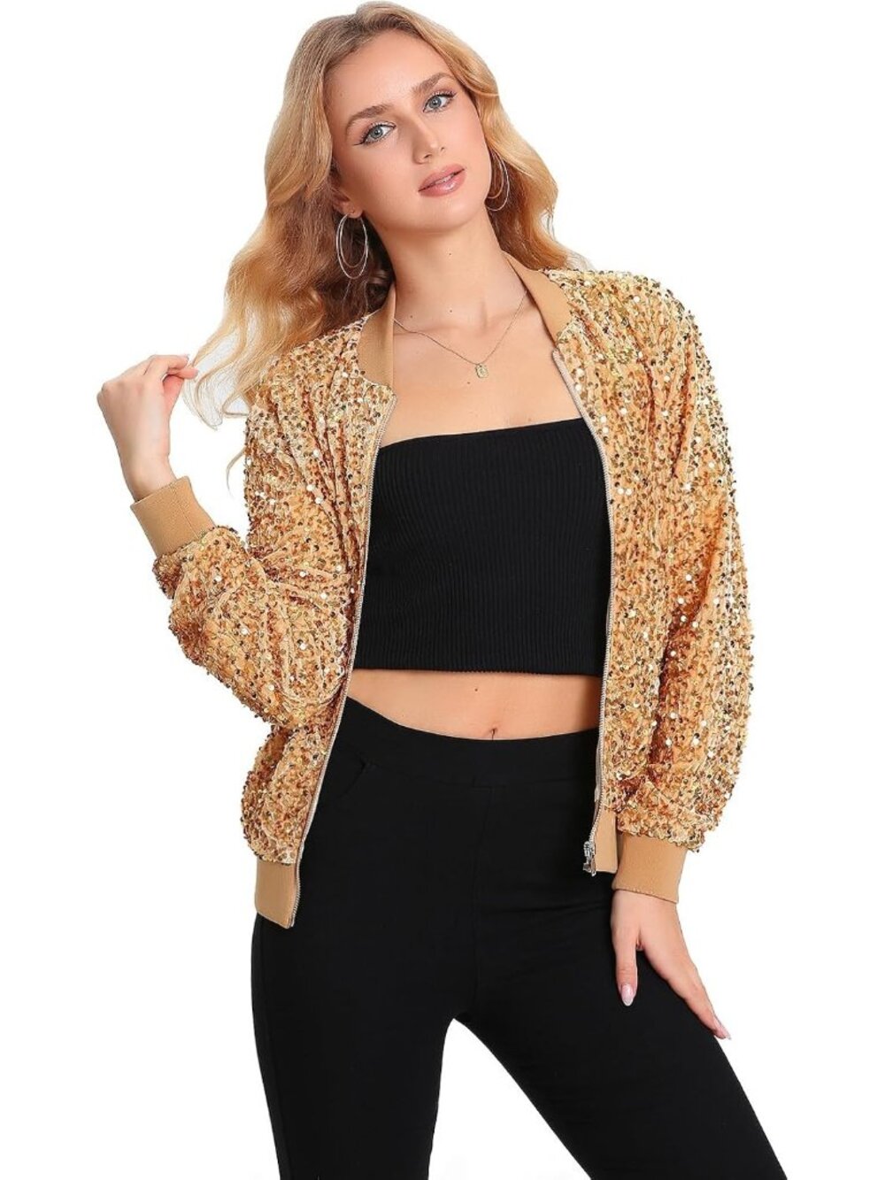 Women's Gold Sequin Jacket Long Sleeve Blazer Glitter Front Zip With Pockets